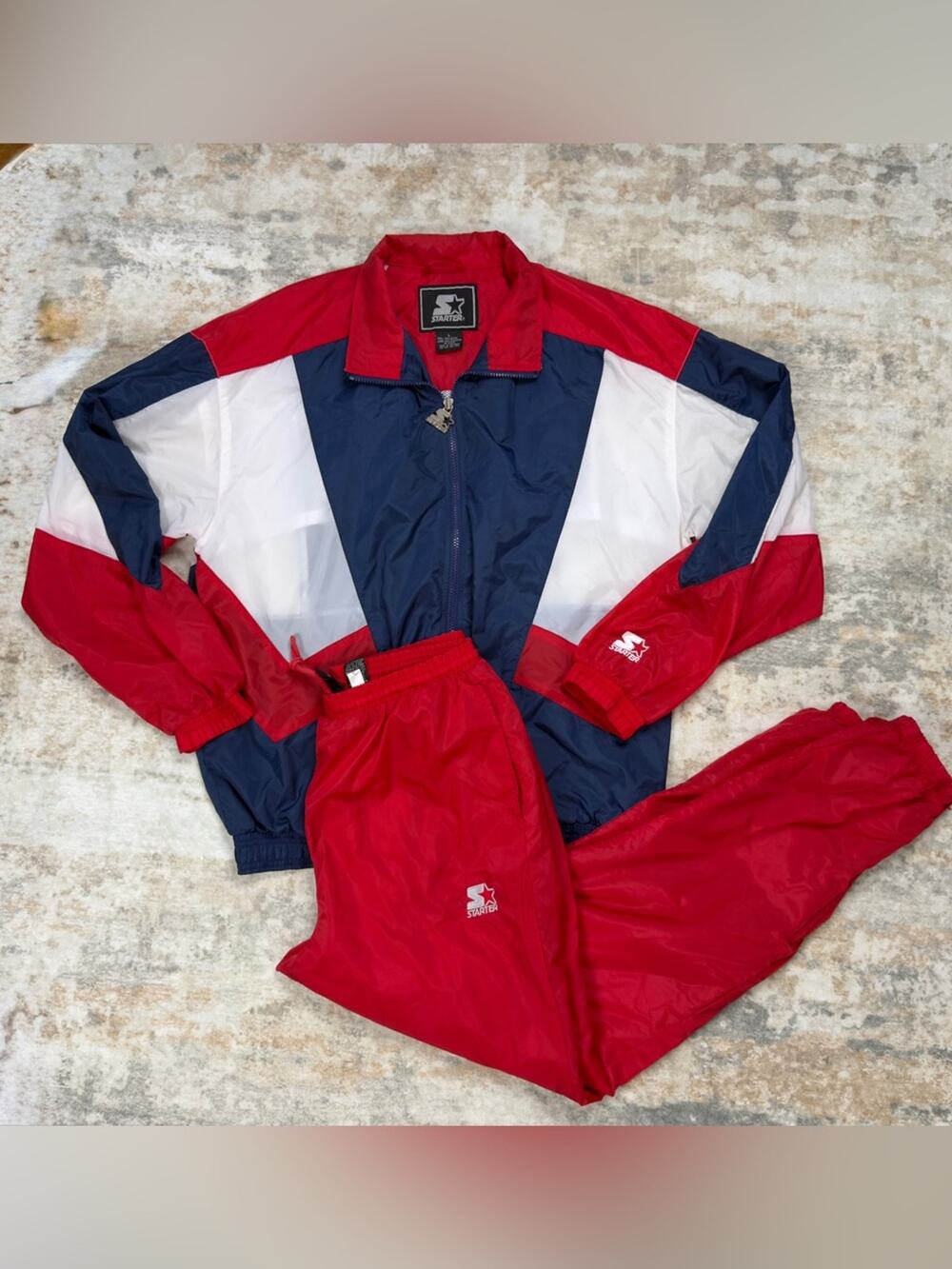 Vintage 90s Starter Tracksuit Jacket L Pants M Red White Blue Nylon Set